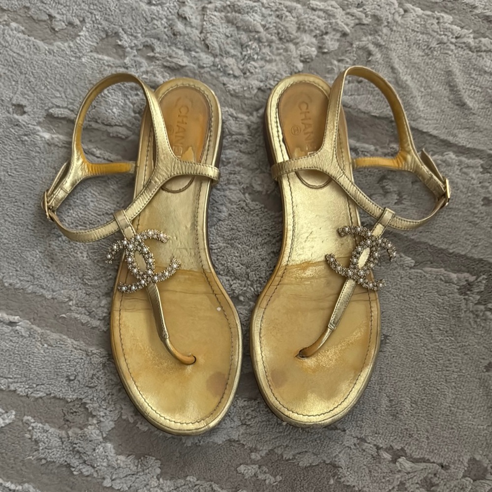 Chanel Gold Crystal Embellished Sandals